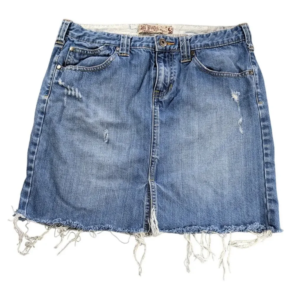 Fossil Jean Skirt Womens 8 Mini Raw Hem Cut off Slit Distressed Y2K Grunge Boho
